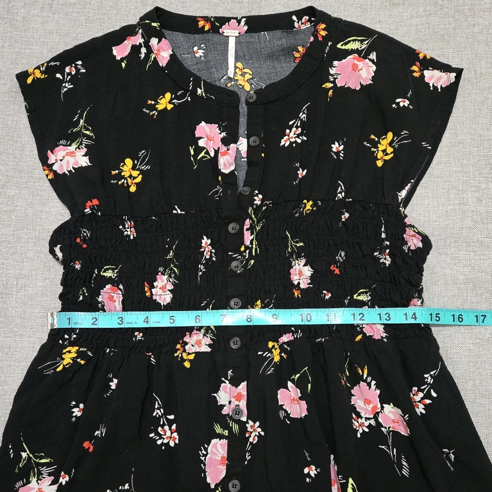 FREE PEOPLE Greatest Day Floral Dress Black Pink Yellow Smocked Waist Medium - Picture 14 of 16